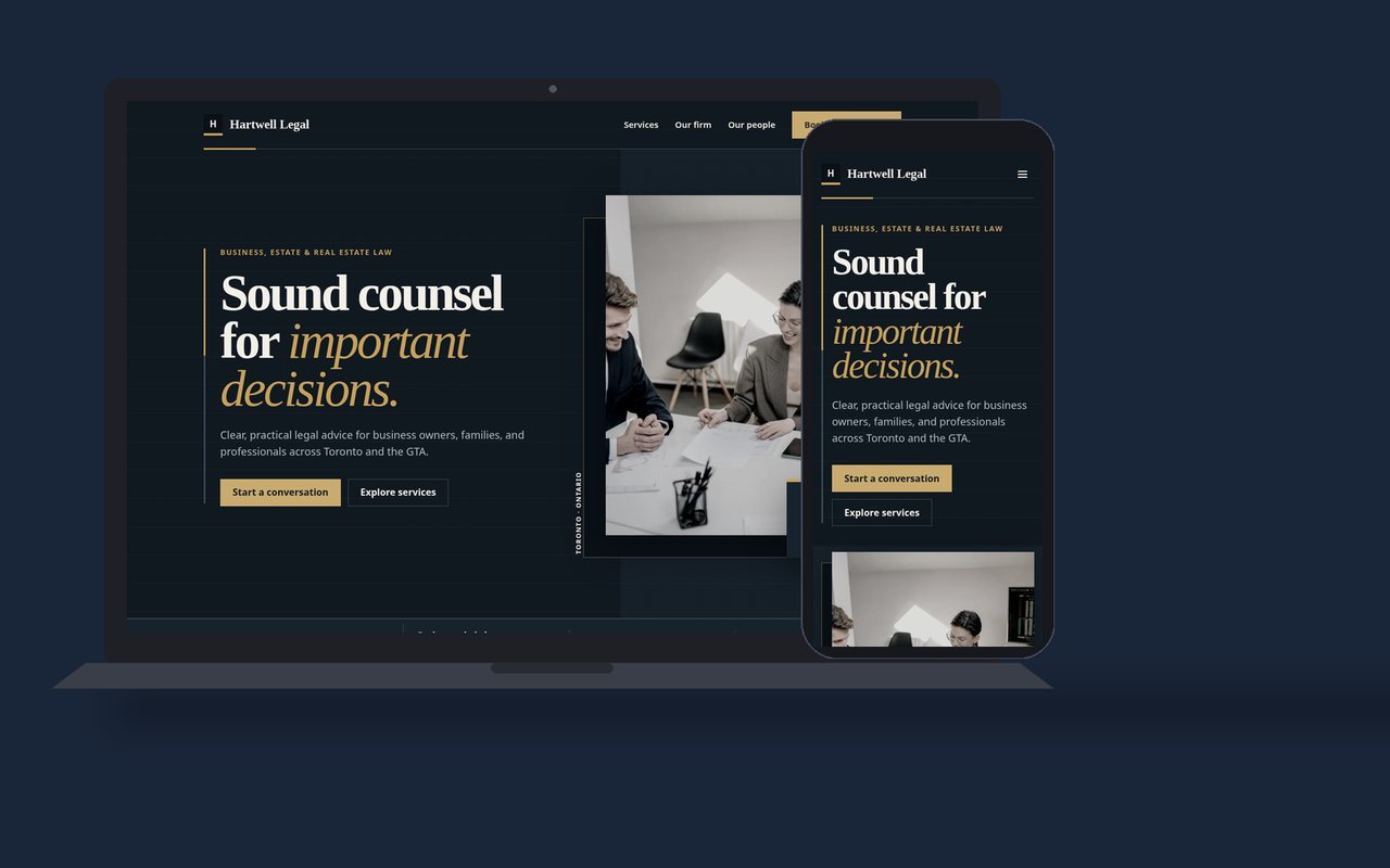 Hartwell Legal website shown on a laptop and a phone